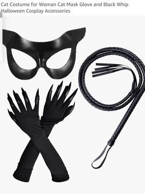 Black Cat Costume Accessories Set — Mask, Claw Gloves & Whip
